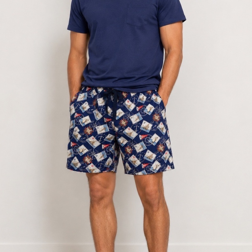 Chaps Mens Nautical Sailboat Print Shorts Blue Cotton Sleepwear Lounge Preppy L